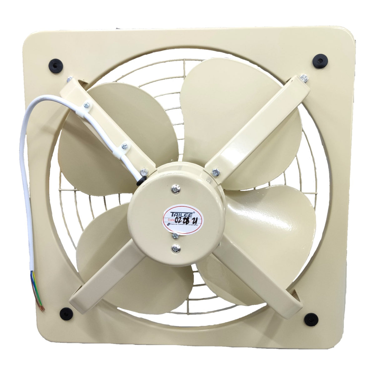 A square wall-mounted exhaust fan with five beige blades, a protective metal grille, and a white power cord, shown against a plain white background.