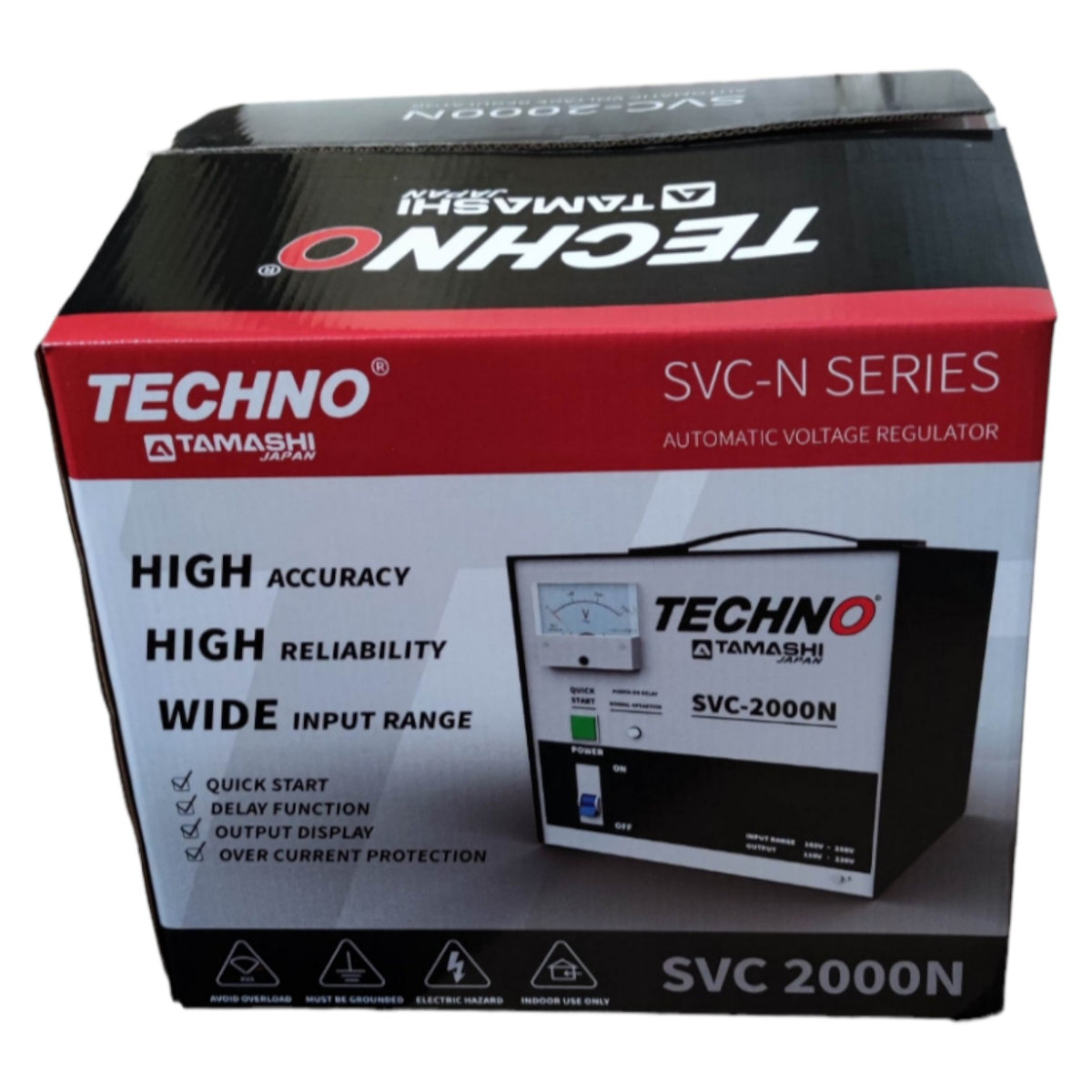 Box of Techno Tamashi SVC-N Series automatic voltage regulator on a white background