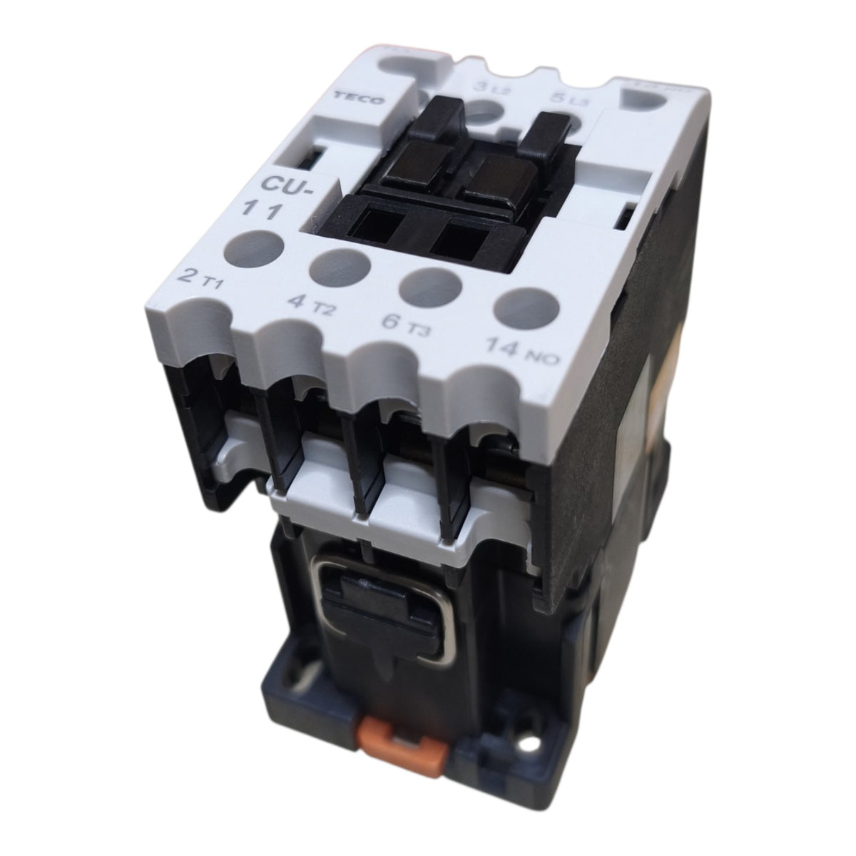 TECO CU-11 contactor relay module with a white top terminal cover, black central contacts, and a dark gray body, shown on a white background.