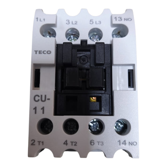 TECO CU-11 contactor relay module with a white plastic housing, black central coil assembly, and printed terminal labels on a white background.