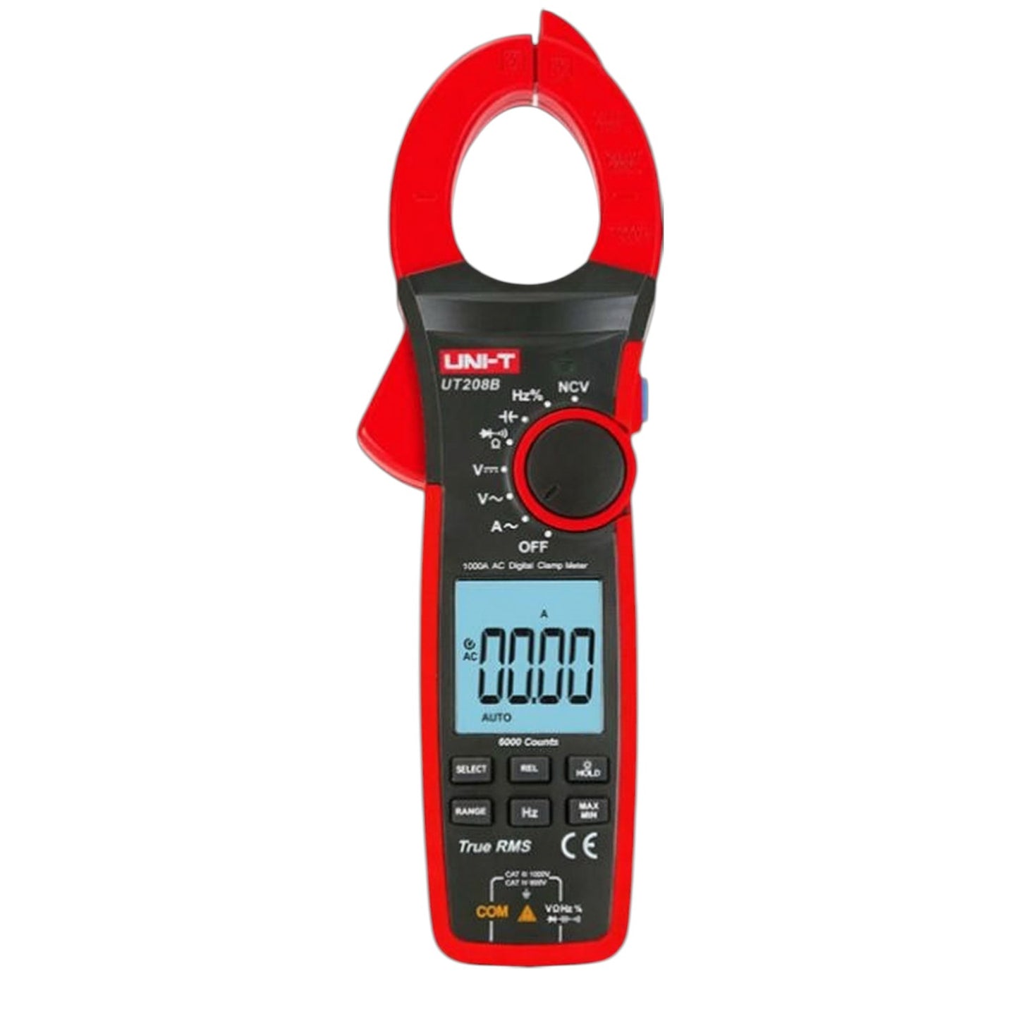 Red and black digital clamp meter on a white background UNI-T Digital Clamp Tester True RMS 1000A Capacity UT208B Electx Electrical Supply