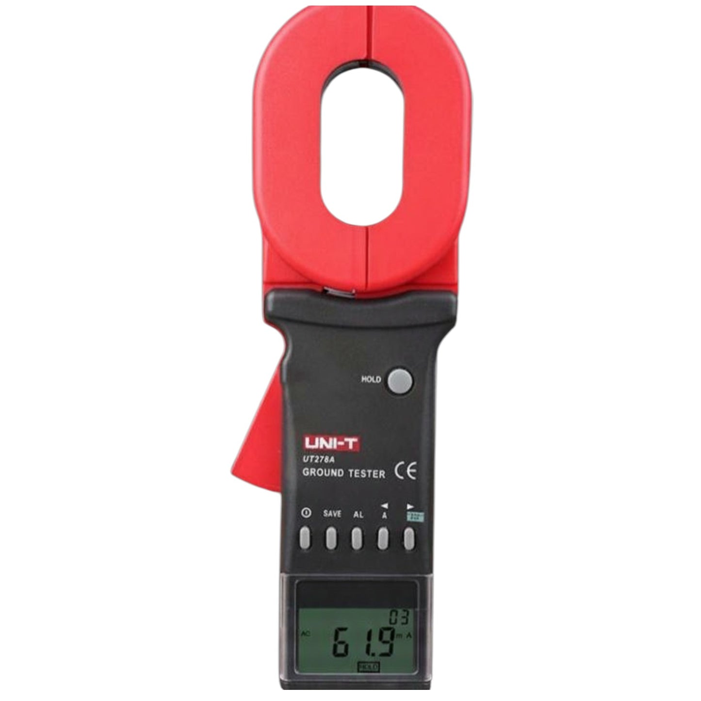 Red and black UNI-T ground tester on a white background UNI-T Digital Clamp Type Insulation Tester 40A 600V UT278A+ Digital Resistance Tester Electx Electrical SUpply