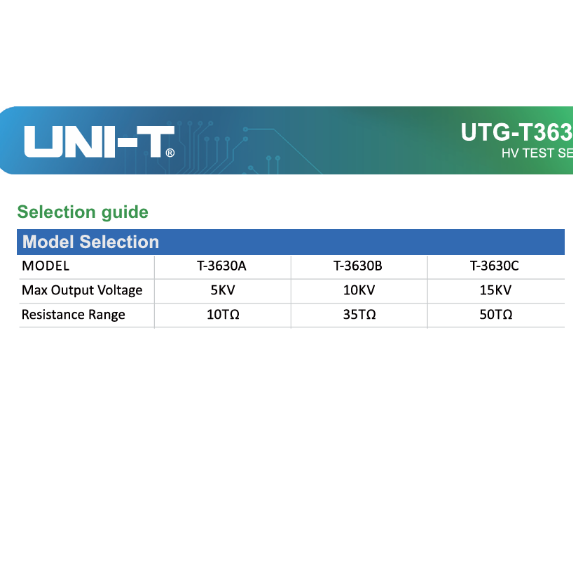 UNI-T UTG-T3630 HV test set selection guide with model details. UNI-T Digital Insulation Tester Rated 15KV UTG-T3630 HV Test Set Resistance Tester Electx Electrical Supply