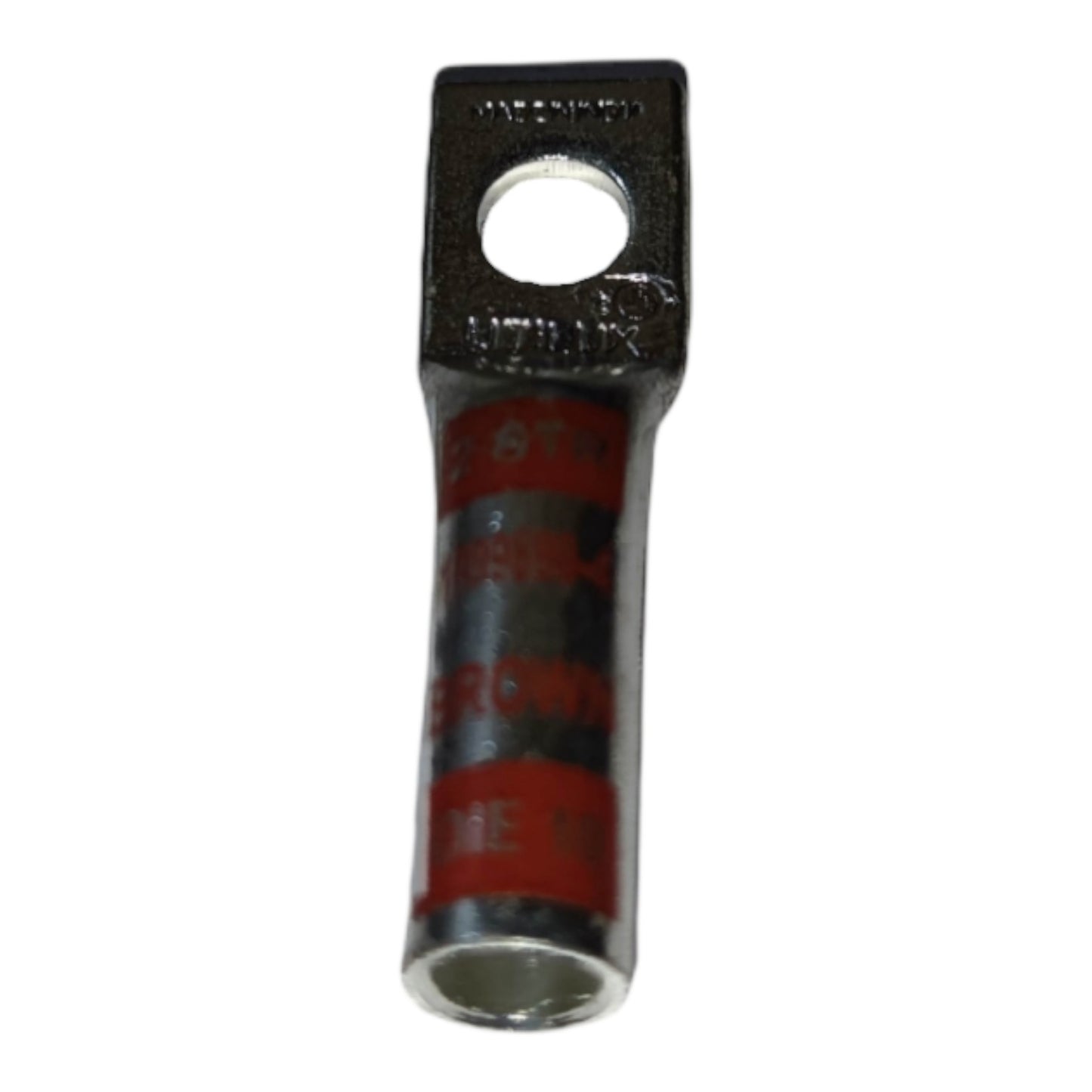 Metal terminal with red and black insulation on a white background