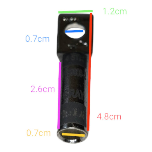 Black object with measurements marked on a white background