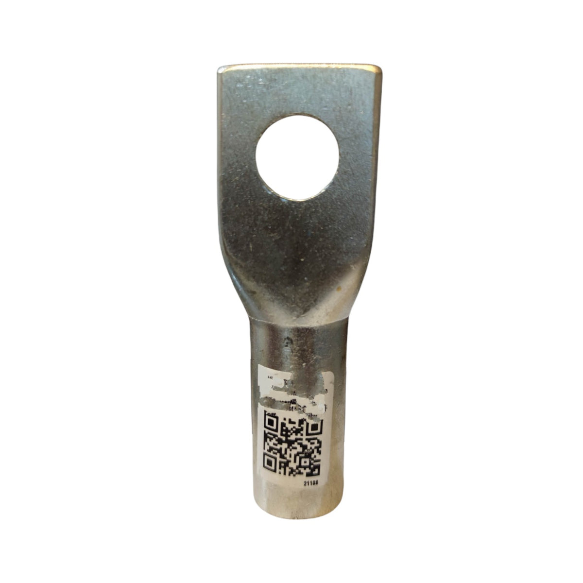 Metal terminal with a hole and QR code label on a white background