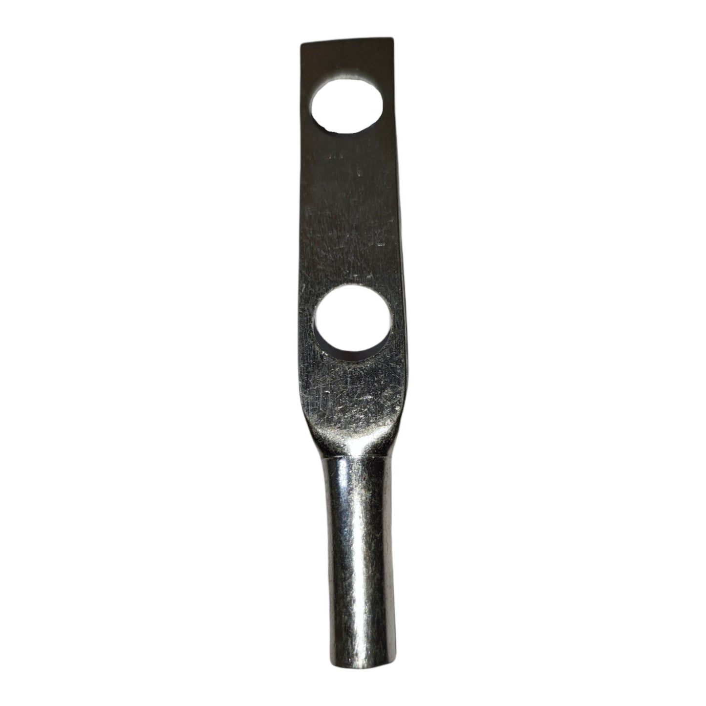 Metal terminal with two holes on a white background