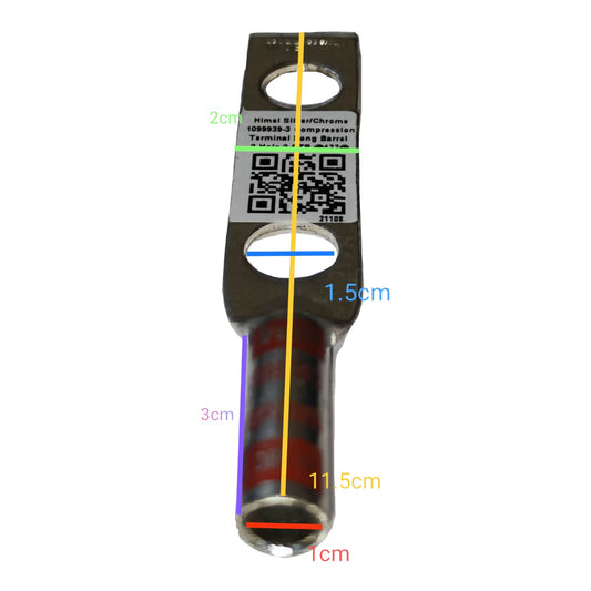 Metallic connector with measurements on a white background