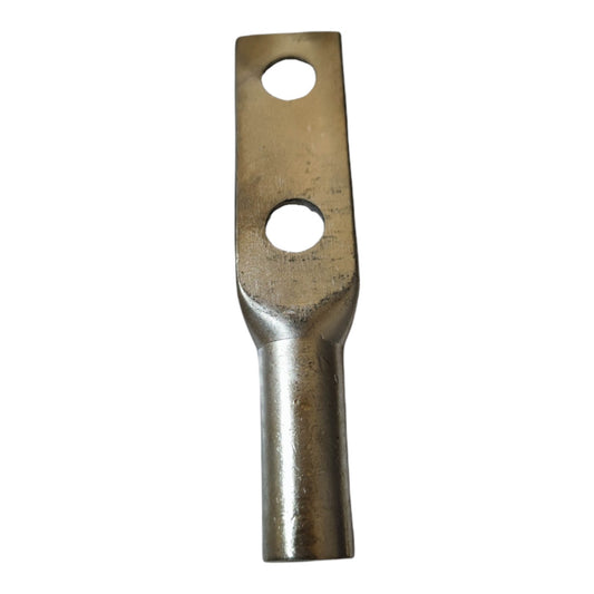 Metal terminal with two holes on a white background