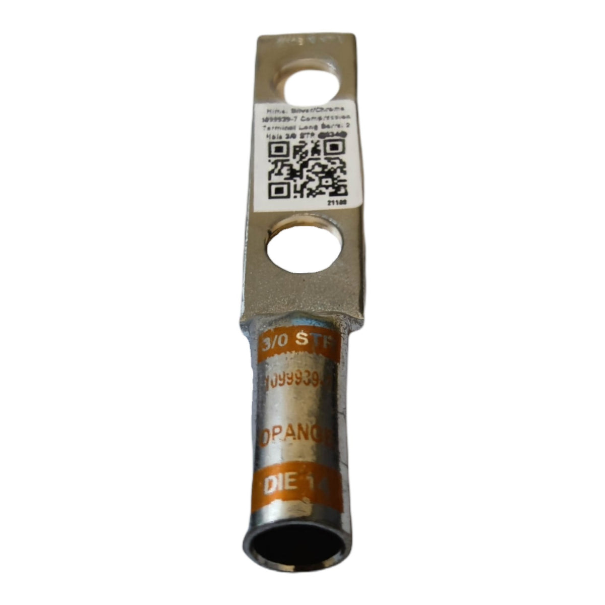 Metal electrical connector with a QR code label on a white background
