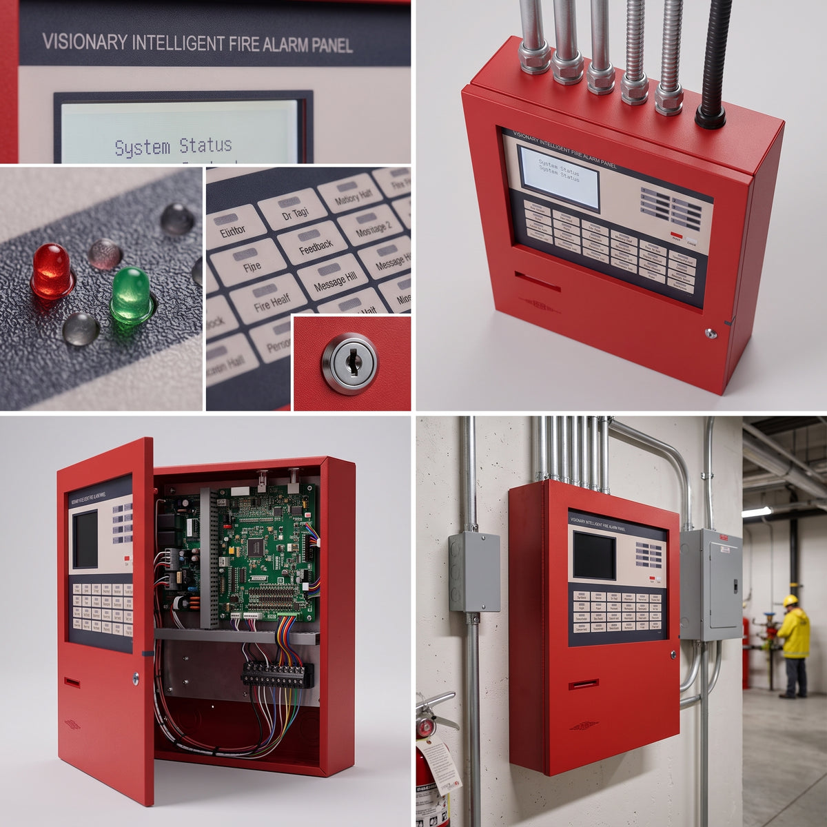A collage showing a red intelligent fire alarm control panel from multiple angles, including front control panel, open interior with circuitry and push buttons, close-ups of indicator lights/keypad, and one installed on a wall in an industrial setting.