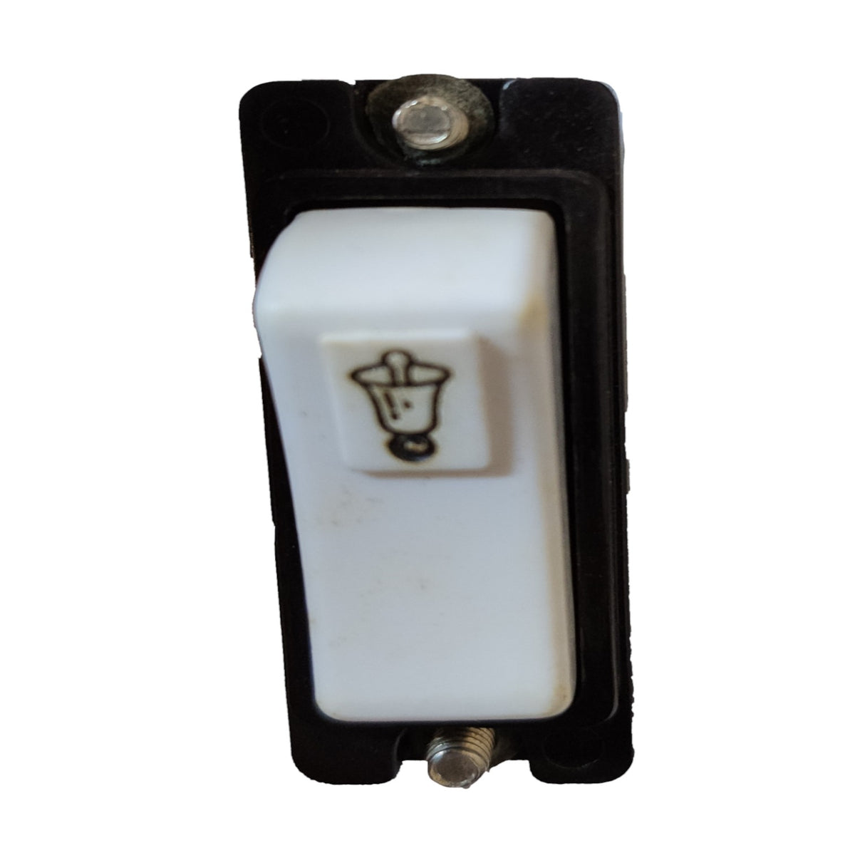 A vintage-style single-pole switch with a white plastic front faceplate featuring a black bell icon, set in a black plastic housing with two metal screw terminals.