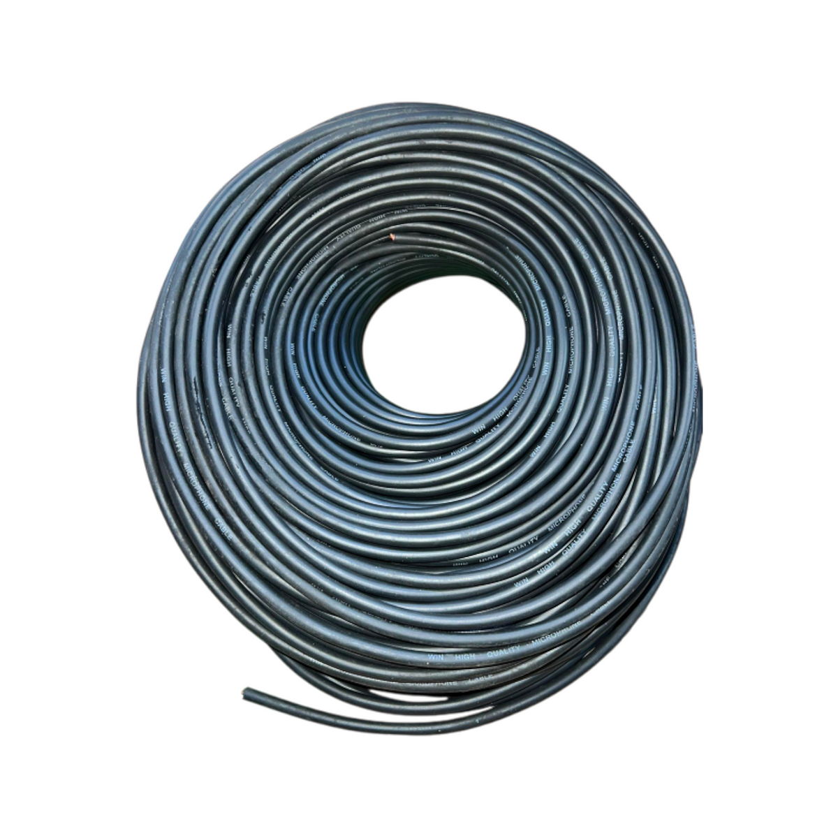 Coiled Win Microphone Cable in black, ideal for professional audio setups and sound systems