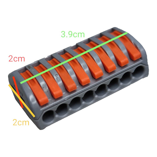 Gray plastic component with orange bars and measurements on a white background