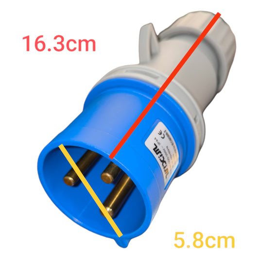 Blue electrical plug with measurements indicated on a white background