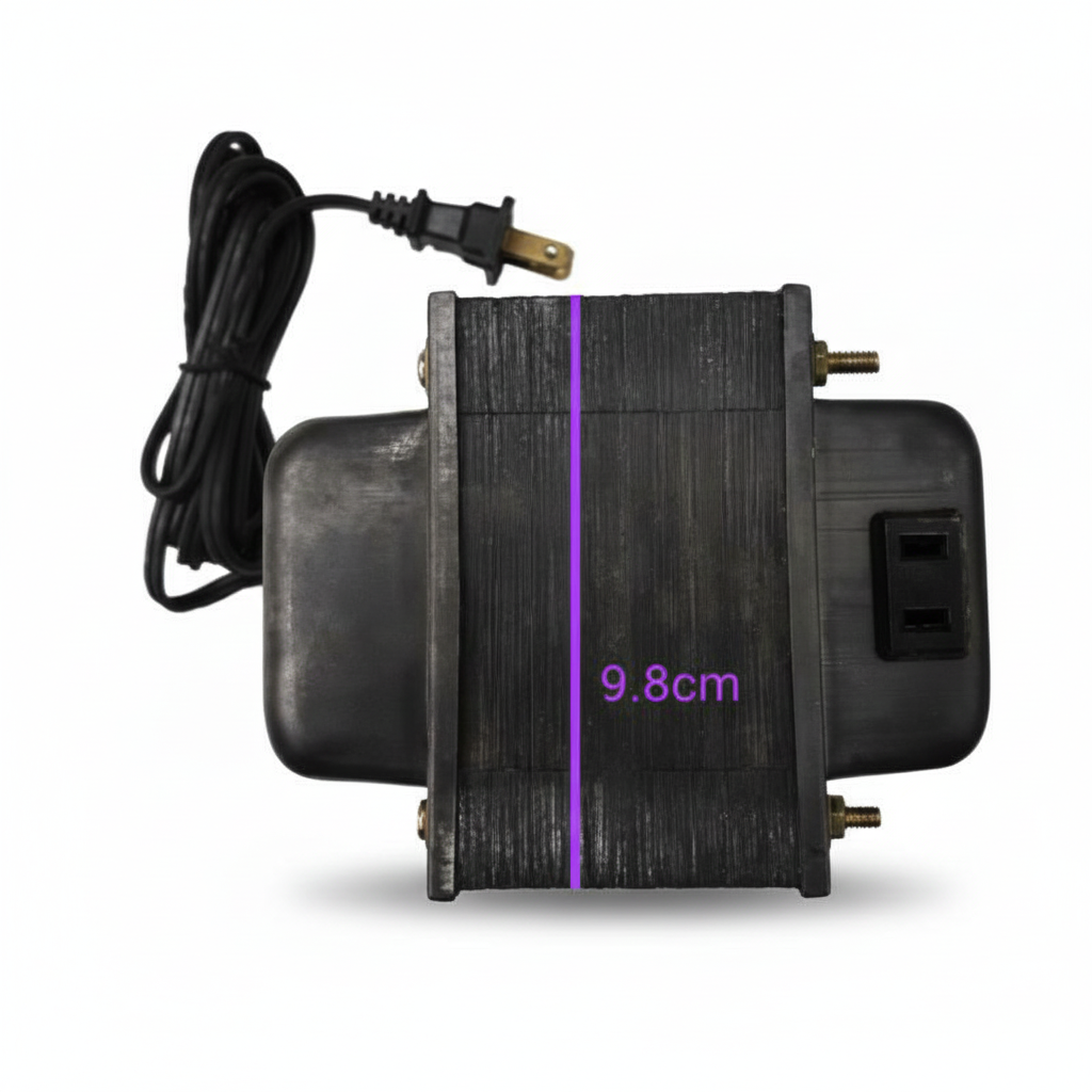 Black electric motor with cable and measurement label on a white Yoshima 800W Step Down Transformer 220V to 110V Voltage Converter Electx Electrical Supplybackground