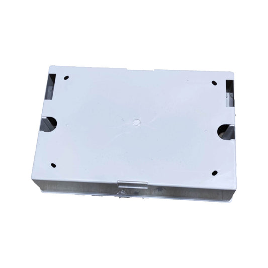 A white metal electrical junction box or mounting bracket with pre-drilled screw holes and cutouts, shown on a plain white background.