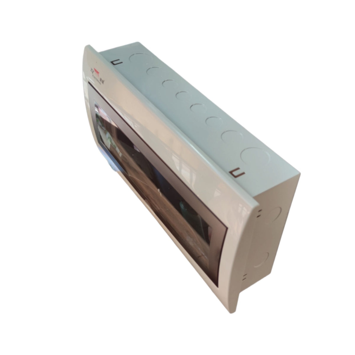 A white electrical distribution cabinet with a transparent front window showing internal components, photographed on a solid white background.