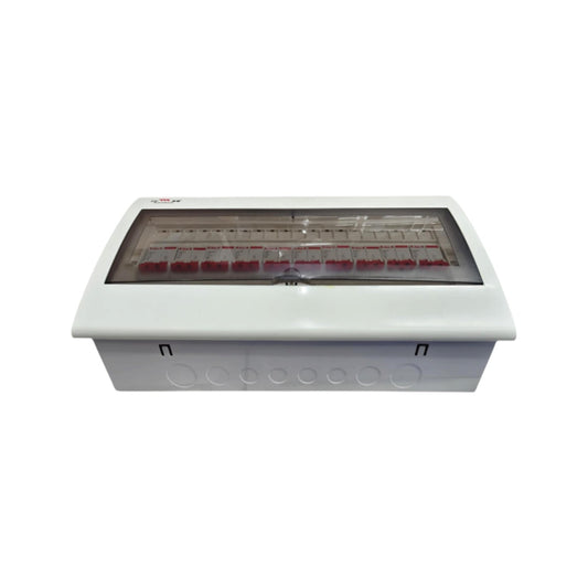 A white electrical distribution box with a transparent top cover showing multiple red terminal blocks, photographed against a solid white background.