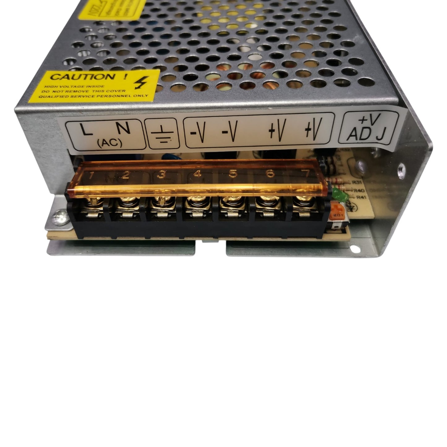 Power supply unit with visible wiring and connectors on a white background