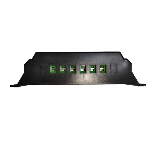 A black plastic electronic module or panel with six green terminal blocks on a white background.