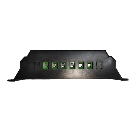 A black plastic automotive light assembly with six green terminal blocks, shown against a plain white background.