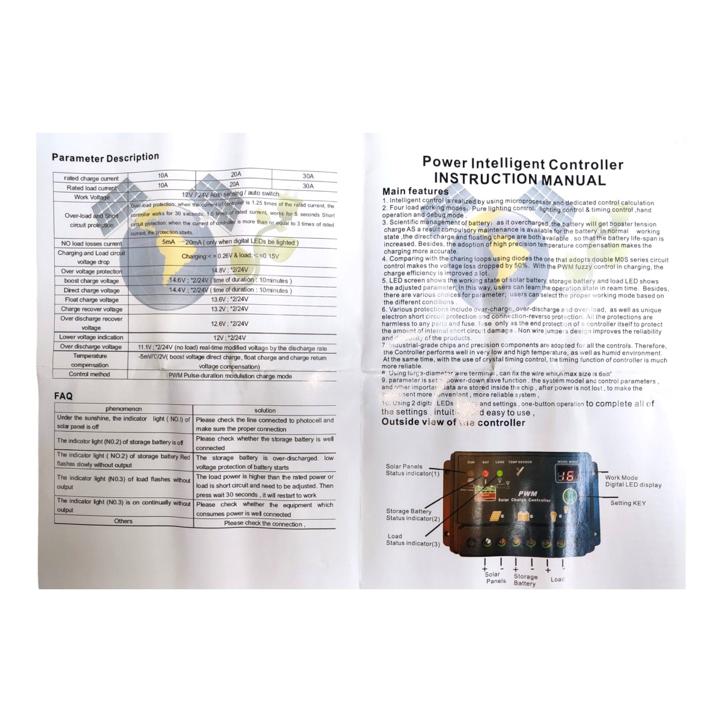 An open printed instruction manual spread showing parameter description, FAQ, and power intelligent controller instructions, with a small controller photo near the bottom right.