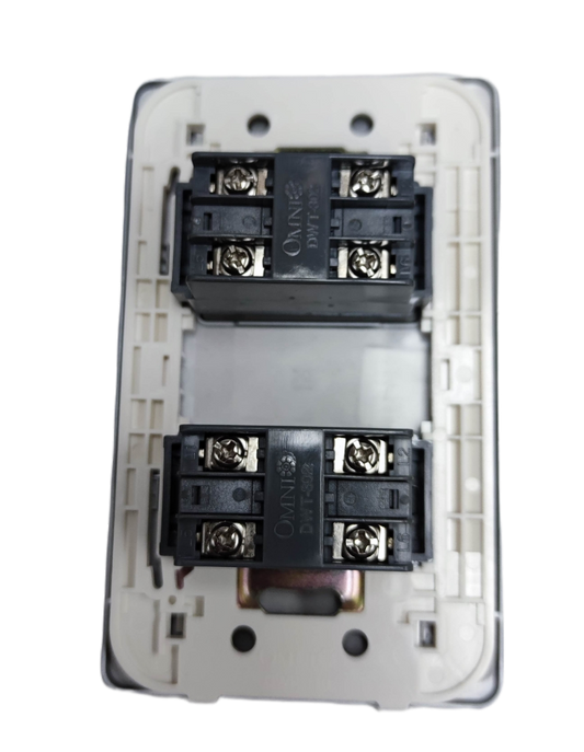 Omni designer 2 gang telephone outlet back view showing screw terminals and mounting plate