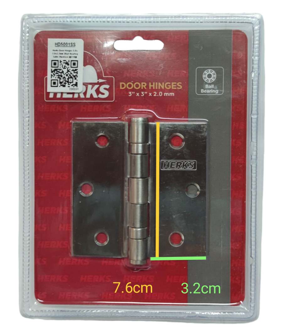 Door Hinges 3" x 3" x 2.0 mm Ball Bearing Stainless Metal Satin Stainless Finish HD5001SS ( Herks)