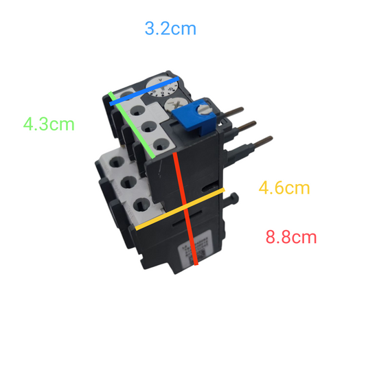 ABB Thermal Overload Relay 7.5-11A black modular relay with blue adjustment knob and screw terminals with measurement labels