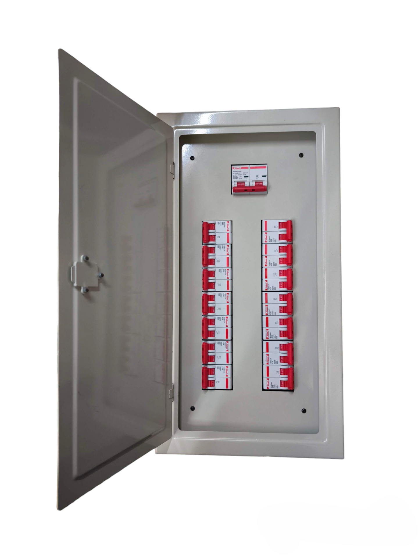 Koten and Himel 14 branch 2 pole panel board metal enclosure with 14 red circuit breakers and main switch