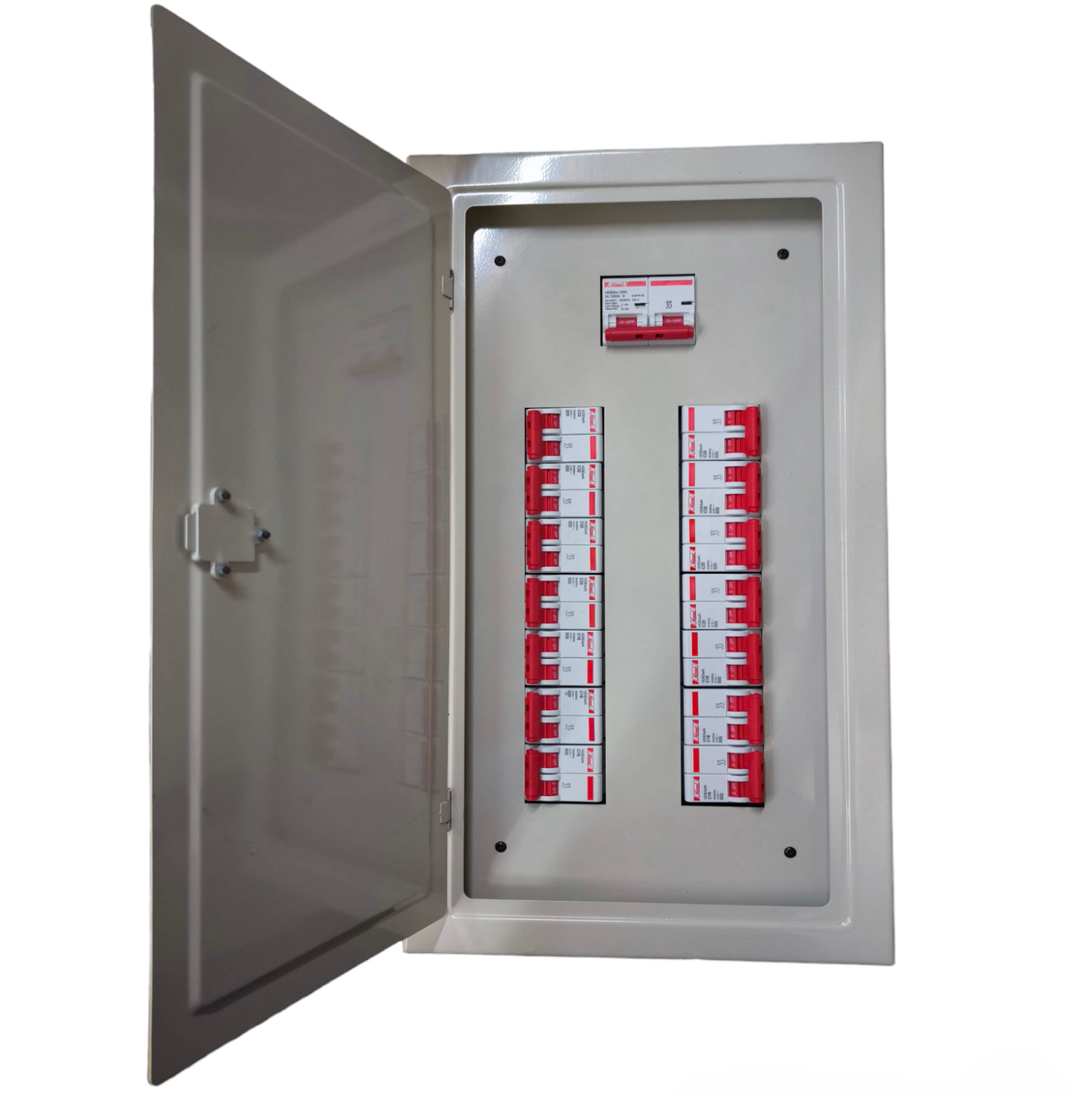 Koten and Himel 14 branch 2 pole panel board metal enclosure with 14 red circuit breakers and main switch