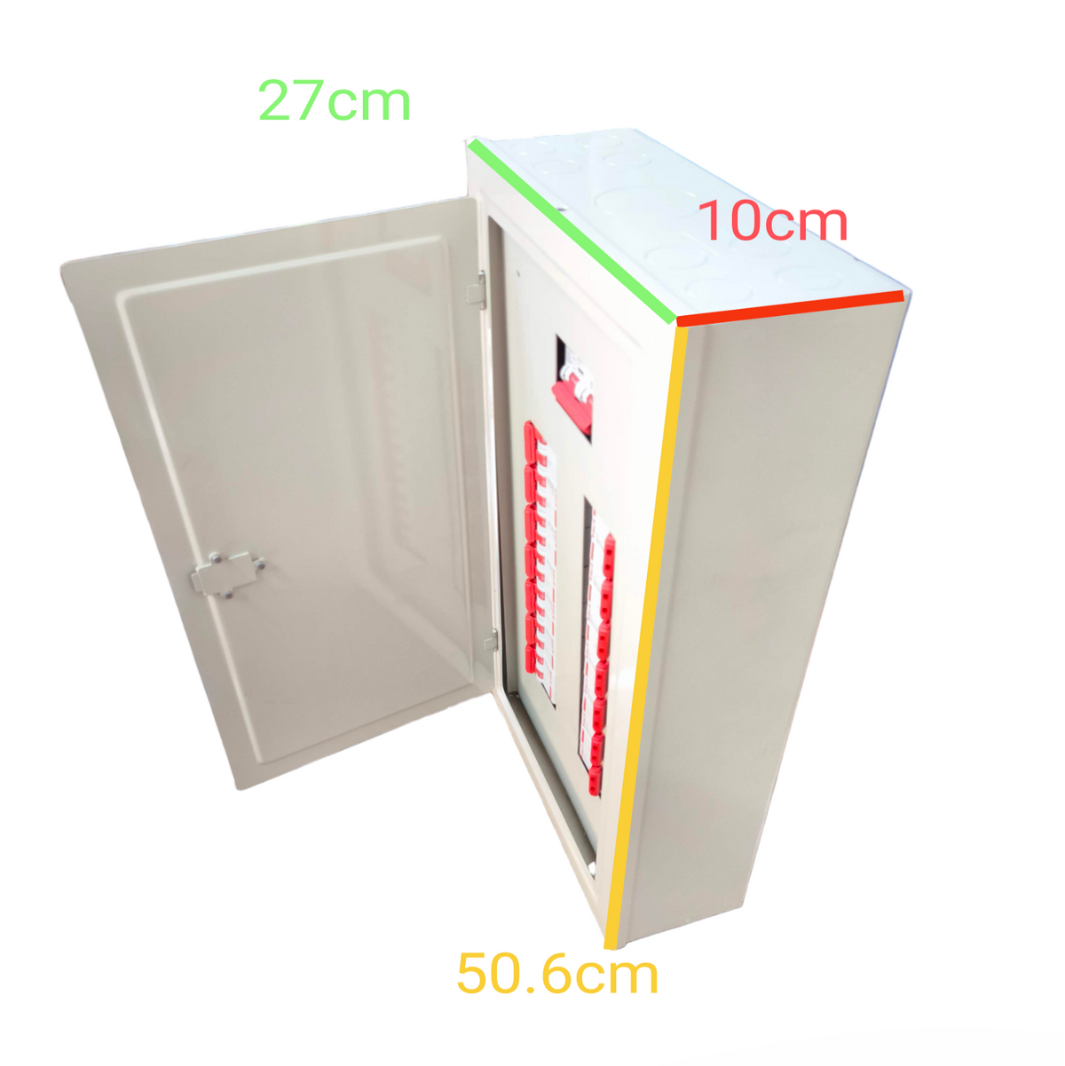 14 branch 2 pole panel board Koten and Himel white metal hinged door enclosure with circuit breakers and wall mount dimensions