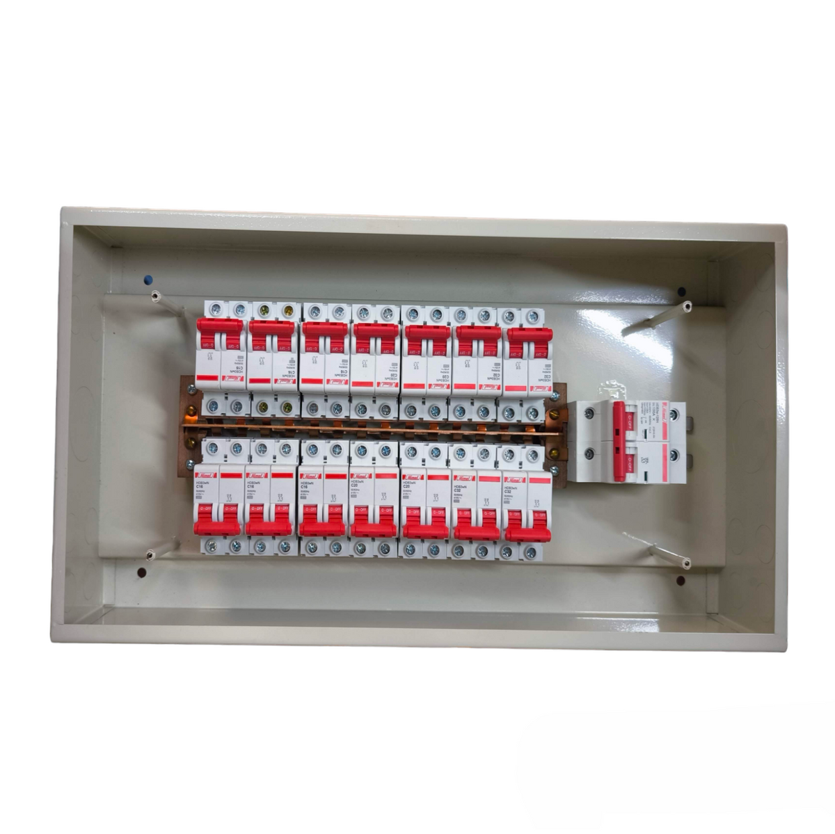 Koten and Himel 14 branch 2 pole panel board with 14 red and white MCBs in metal enclosure for residential distribution