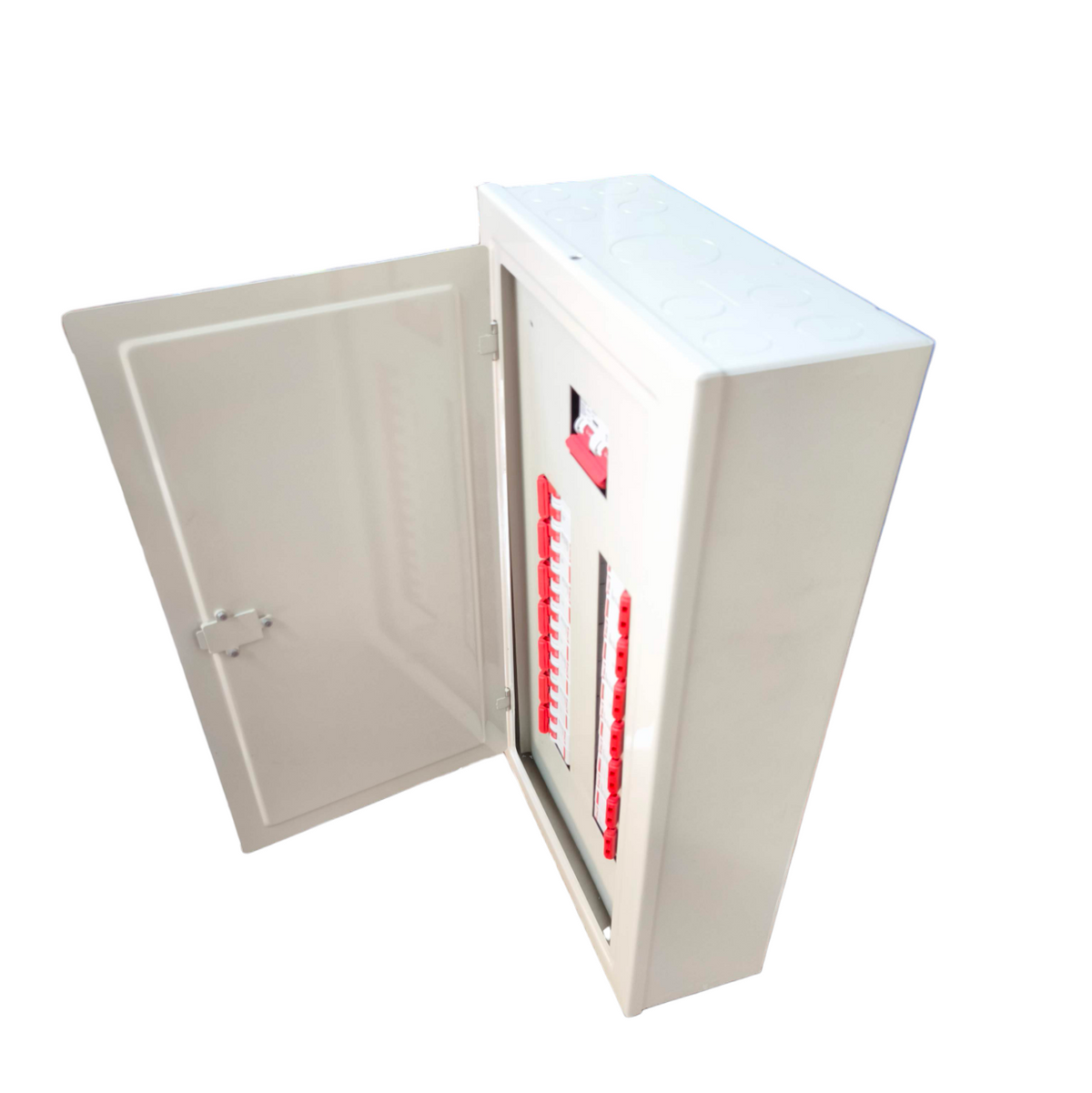 Koten and Himel white metal electrical panel enclosure with open door showing 14 branch 2 pole panel board and red breakers