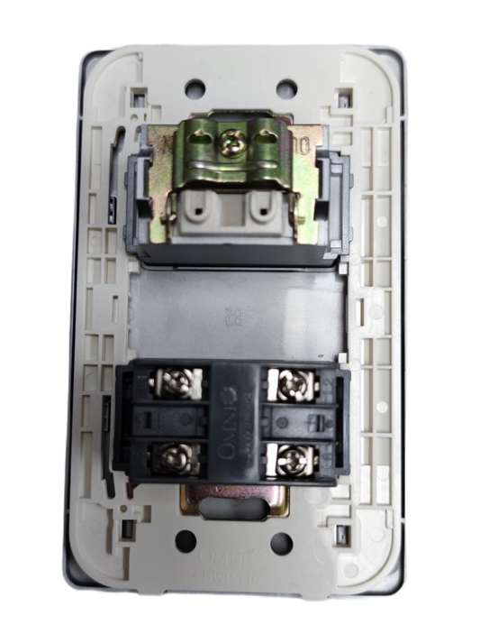 Omni graphite finish electrical outlet plate back view showing mounting bracket terminals and wiring ports