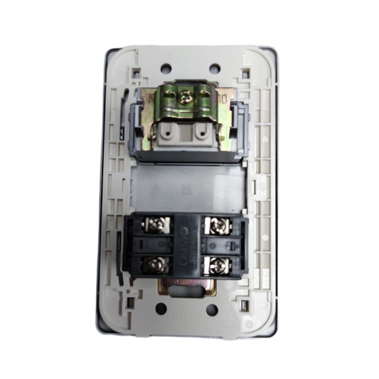Omni graphite finish electrical outlet plate back view showing mounting bracket terminals and wiring ports