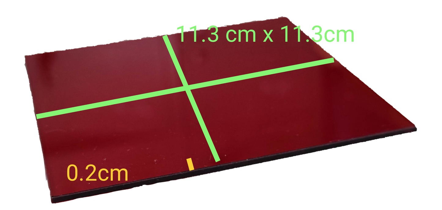 Acrylic red light filter sheet measuring 11.3 cm x 11.3 cm with a thickness of 0.2 cm