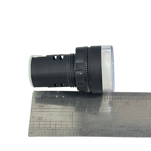 Denko Pilot light 220v WHITE 22mm round panel indicator lamp in white with ruler for scale