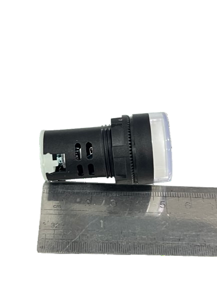 Grippes Pilot light 24V DC WHITE 22mm white lens black housing panel mount indicator shown on ruler