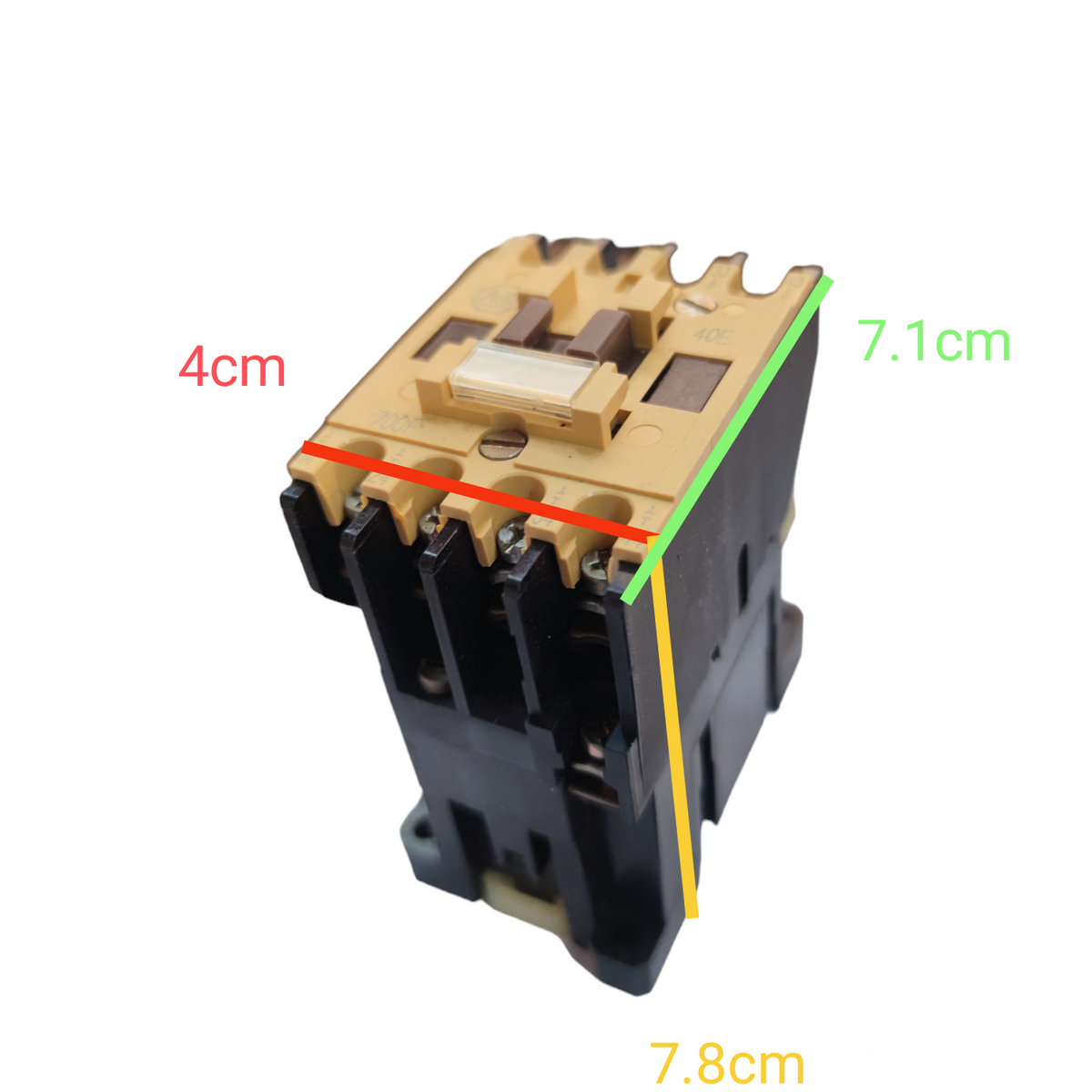 Allen Bradley magnetic contactor 10A with black and beige housing showing detailed dimensions