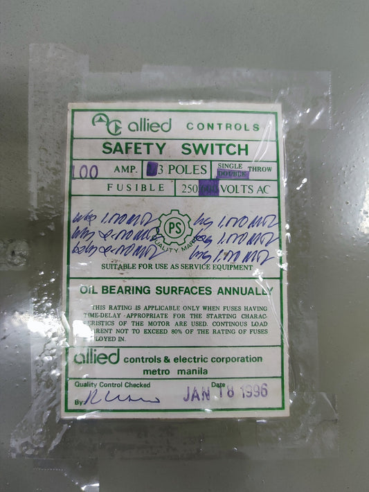 Allied 100A 3 pole safety switch with fusible 250 volts AC for electrical circuitry and parts