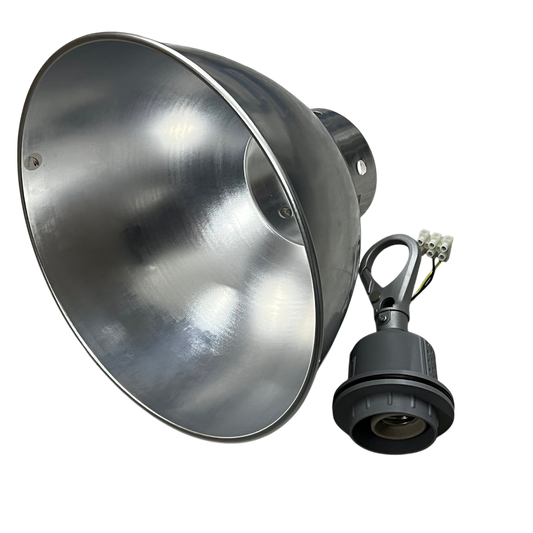 Aluminum reflector with E27 socket lighting installation accessory by Biglite and Omni on black background