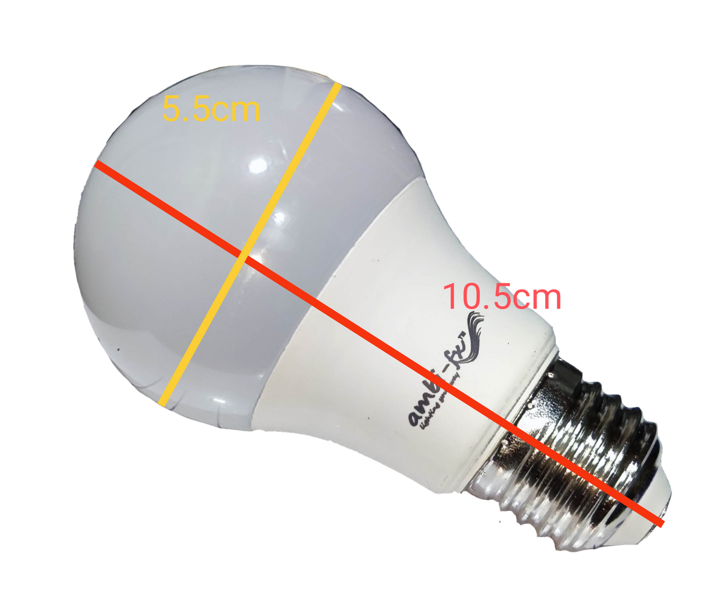 Ambi-fx 5W E27 LED bulb 6000K with measurements showing 10.5 cm length and 5.5 cm diameter