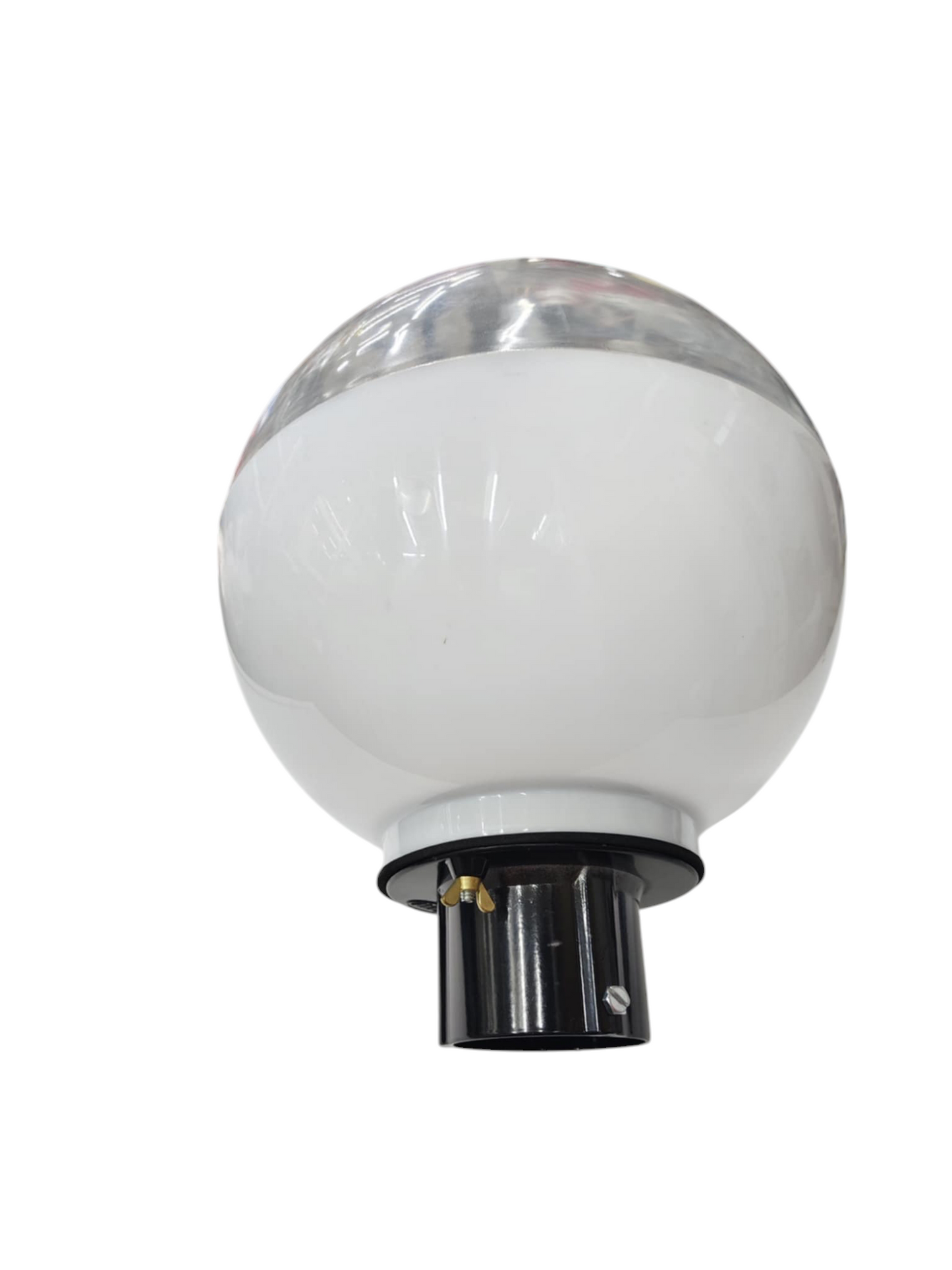 Amco 10 inch globe post connector with white globe and black mounting base for lighting installation