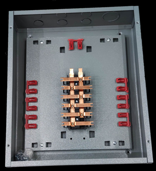 2 pole bolt on panel board electrical circuitry part with copper connectors and red safety clips