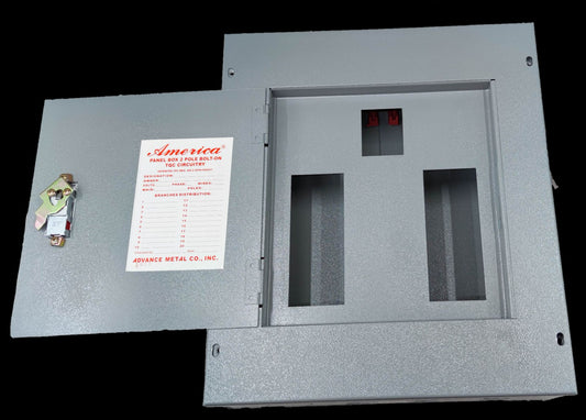 America 2 pole bolt on panel board electrical circuitry part with open gray metal door and key lock