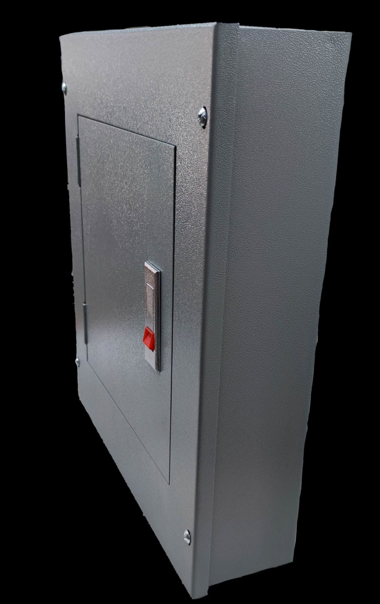 Gray 2 pole bolt on panel board with metal latch and hinge for electrical circuitry and parts