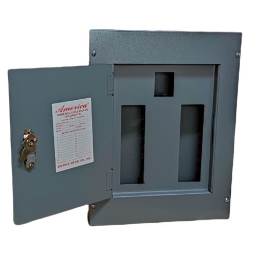America 8 branches Panel Board Bolt on with metal casing and hinged door open showing slots for breakers