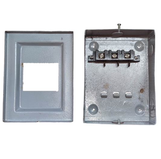 Metal two piece electrical box and cover for plug-in GE TQL panel board with screw terminal connections